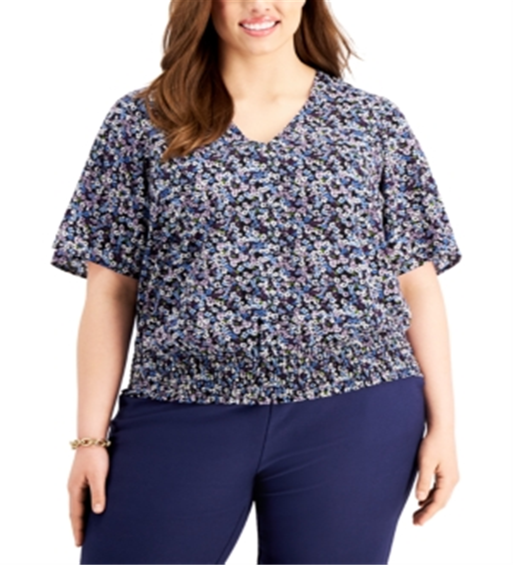Blusa feminina Michael Kors com decote em V floral, azul, tamanho 1X