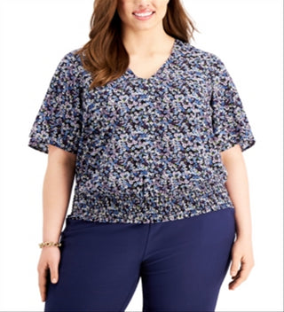 Blusa feminina Michael Kors com decote em V floral, azul, tamanho 1X