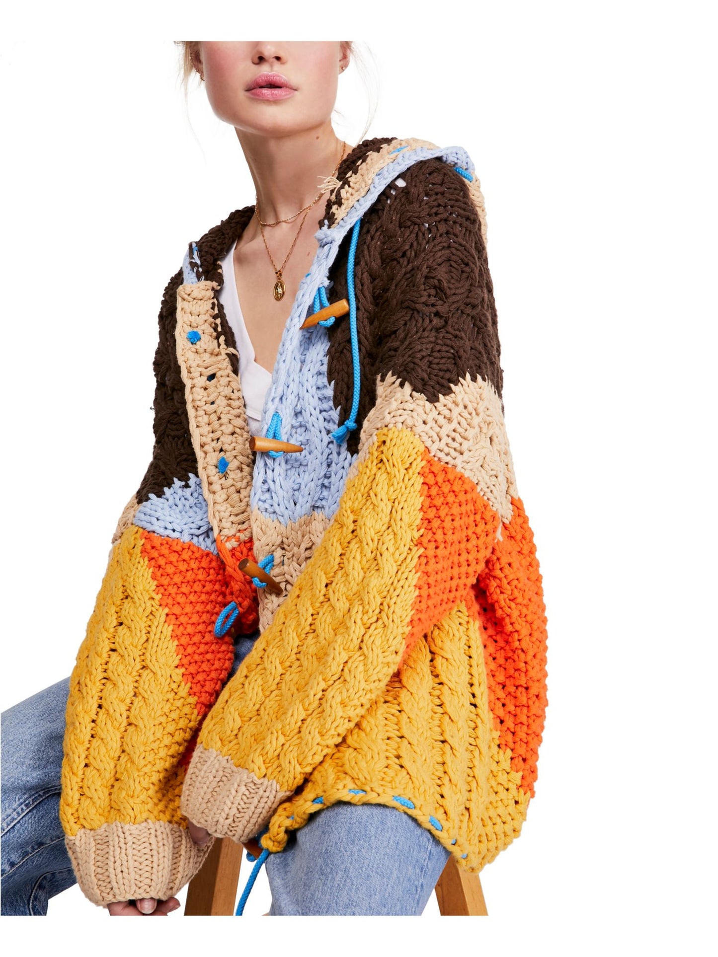 Cardigan com capuz feminino Free People Perfectly Patched, amarelo, tamanho médio