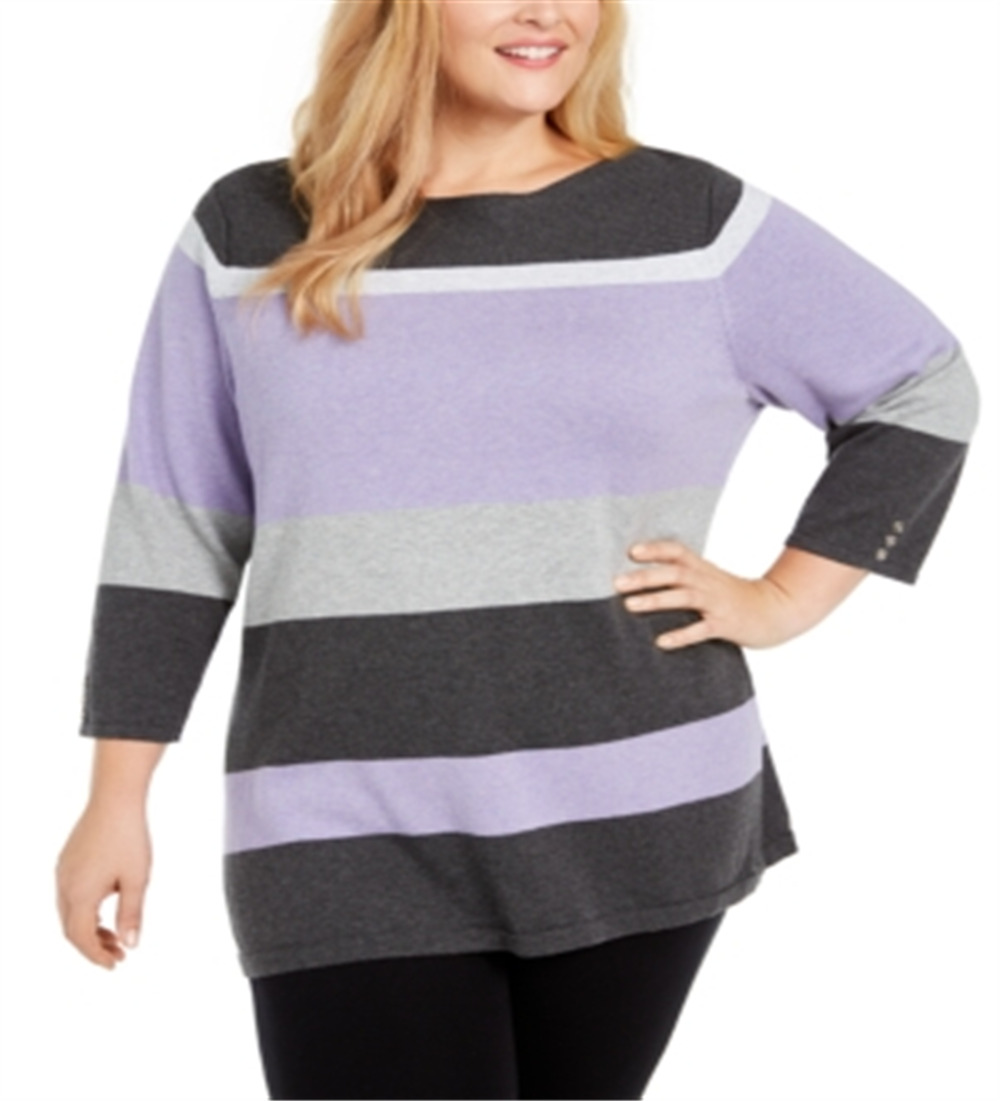 Karen Scott Suéter feminino listrado de algodão com gola alta, roxo, tamanho 2X