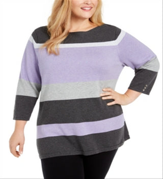 Karen Scott Suéter feminino listrado de algodão com gola alta, roxo, tamanho 2X