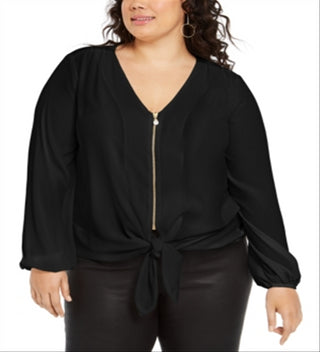 Blusa feminina NY Collection Pebble Crepe com amarração frontal, preta, tamanho 3X