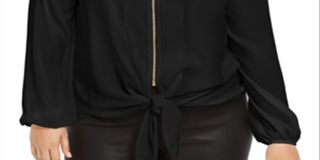 Blusa feminina NY Collection Pebble Crepe com amarração frontal, preta, tamanho 3X