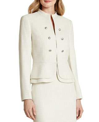 Tahari Asl Petite Blazer abotoado duplo com bainha peplum marrom tamanho 12 P