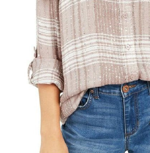 Camisa xadrez brilhante feminina Style &amp; Co, bege, tamanho pequeno