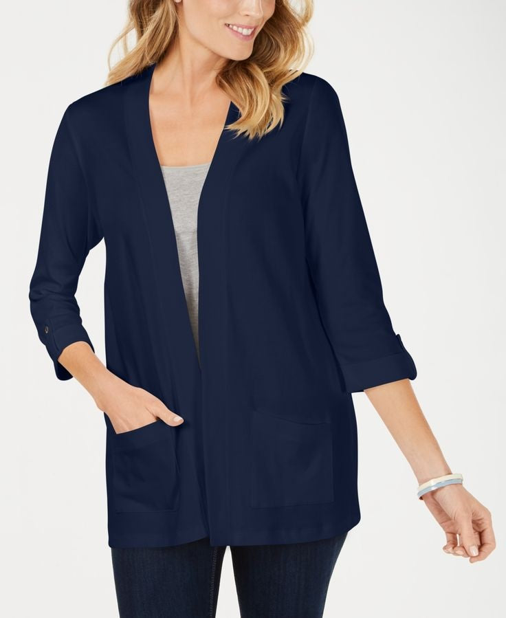 Karen Scott Cardigan feminino de algodão aconchegante, azul-marinho, tamanho extrapequeno