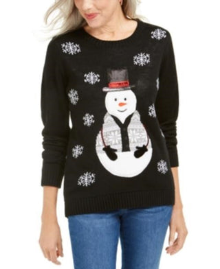 Karen Scott Women's Sequined Snowman Holiday Sweater Black Size Large