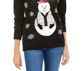 Karen Scott Women's Sequined Snowman Holiday Sweater Black Size Large