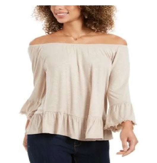 Blusa feminina estilo &amp; co, ombro de fora, manga sino, marrom, tamanho médio