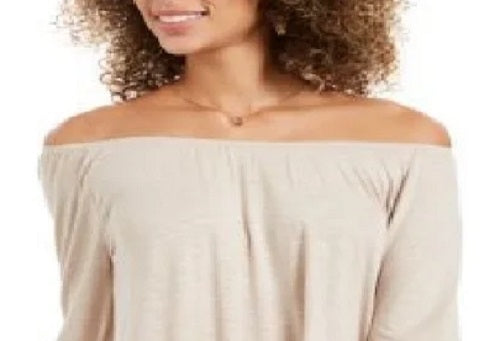 Blusa feminina estilo &amp; co, ombro de fora, manga sino, marrom, tamanho médio