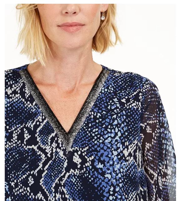 Túnica feminina com decote em V da coleção JM, azul-marinho, tamanho extrapequeno