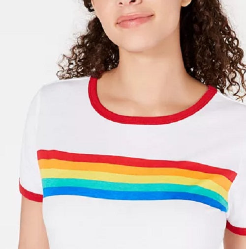 Camiseta com estampa de listras arco-íris Love Tribe Juniors, tamanho grande, branca
