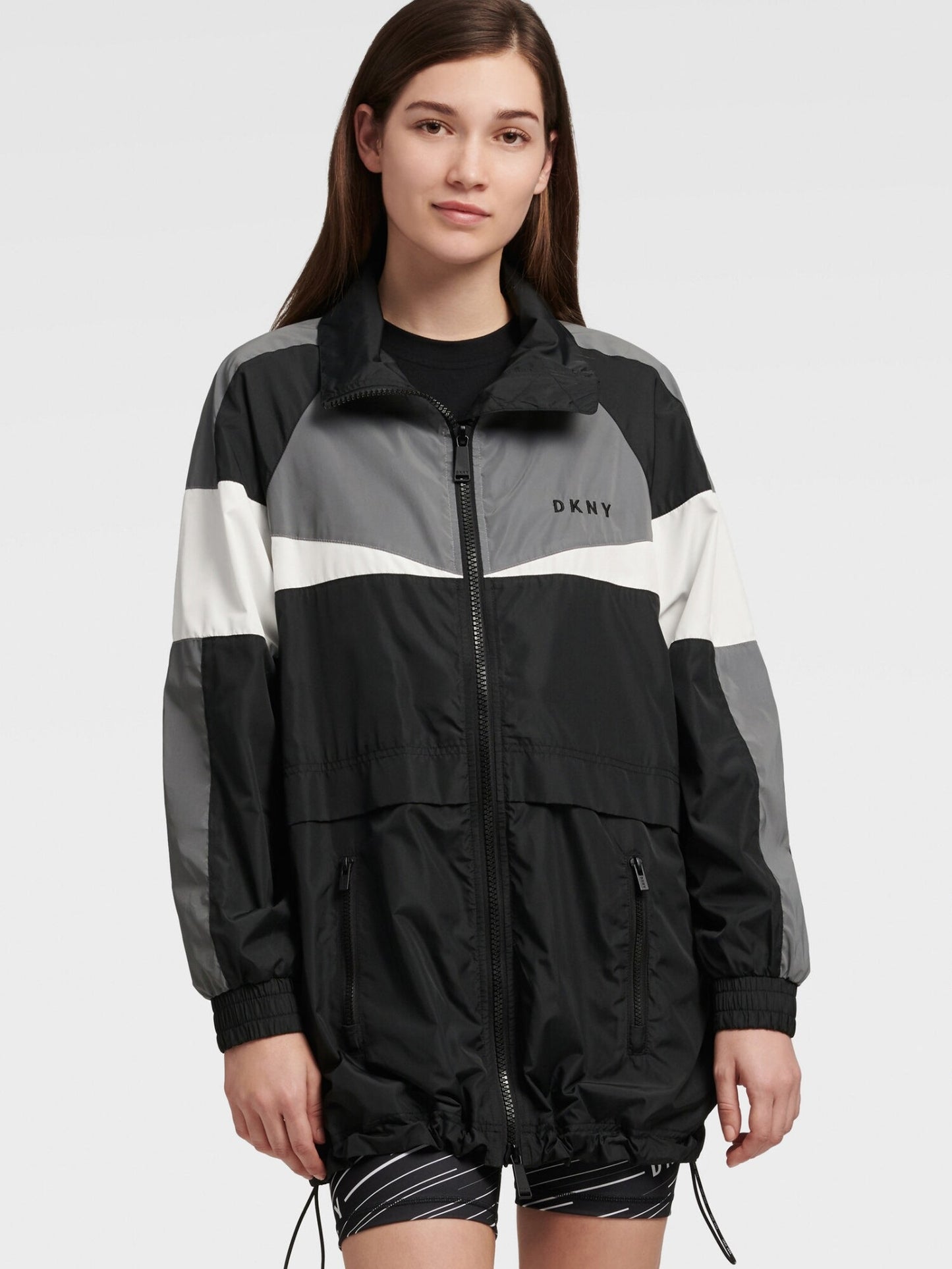 Jaqueta corta-vento feminina DKNY Sport Colorblocked refletiva, preta, tamanho grande