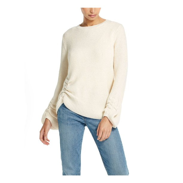 Suéter feminino vintage à prova de intempéries com manga balão e franzido, tamanho médio, branco