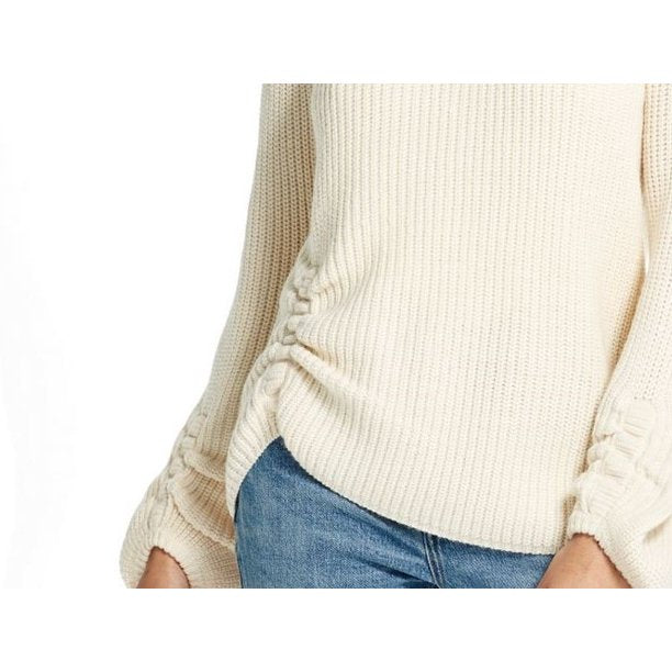 Suéter feminino vintage à prova de intempéries com manga balão e franzido, tamanho médio, branco