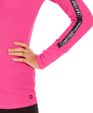 Camiseta Calvin Klein Performance Feminina com Listras e Gola Moletom Rosa Brilhante Tamanho XG
