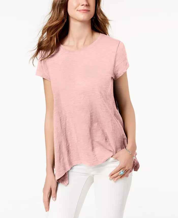 Camiseta feminina estilo lenço com bainha rosa, tamanho médio