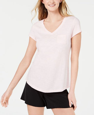 Camiseta feminina Maison Jules com decote em V e bolso aplicado, branca, tamanho extragrande
