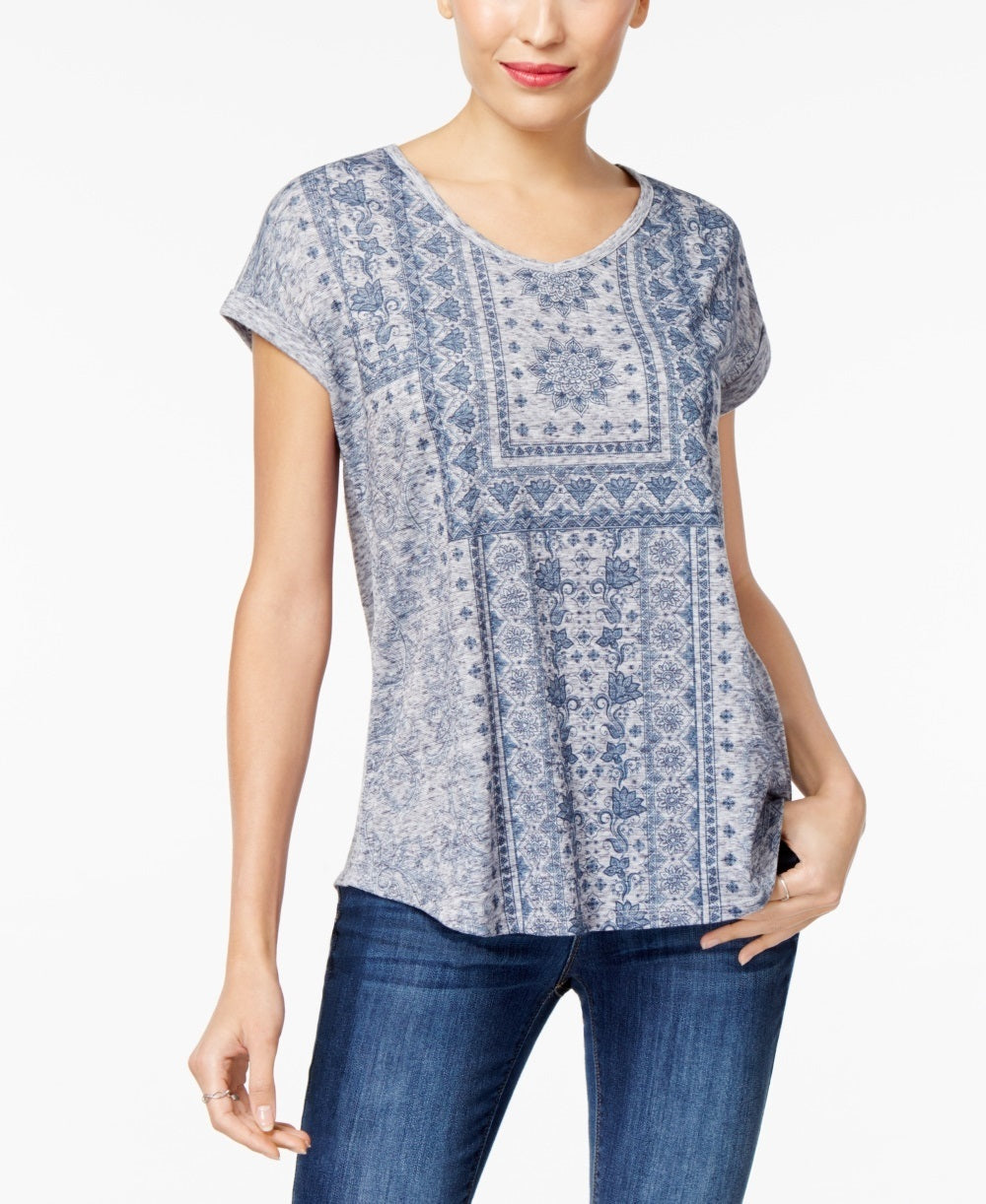 Blusa feminina estilo &amp; co com estampa floral e bainha curta, azul, tamanho extrapequeno