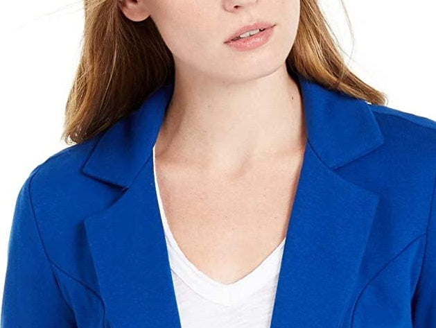 Blazer de malha feminino Maison Jules com manga 3/4, azul marinho, tamanho médio
