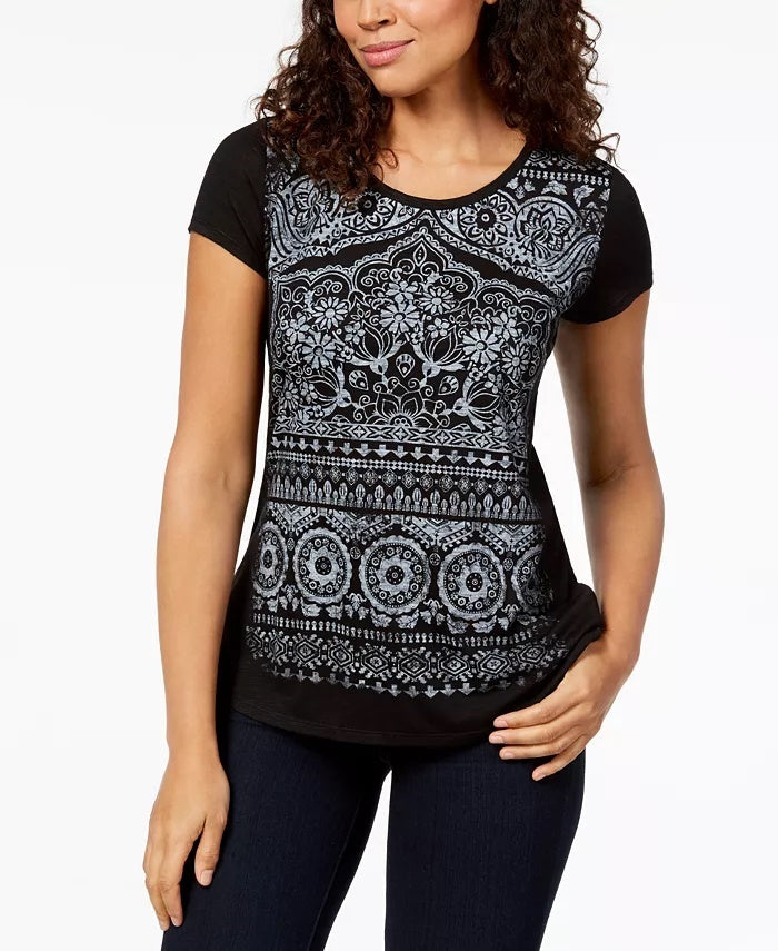 Camiseta feminina gráfica Style &amp; Co, preta, tamanho X-S