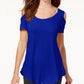 Camiseta feminina JM Collection com ombros descobertos e manga curta, azul, tamanho X-S