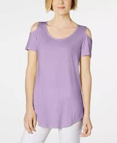 Camiseta feminina JM Collection com ombros descobertos e mangas curtas, roxa, tamanho médio