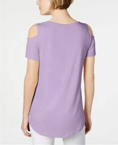 Camiseta feminina JM Collection com ombros descobertos e mangas curtas, roxa, tamanho médio
