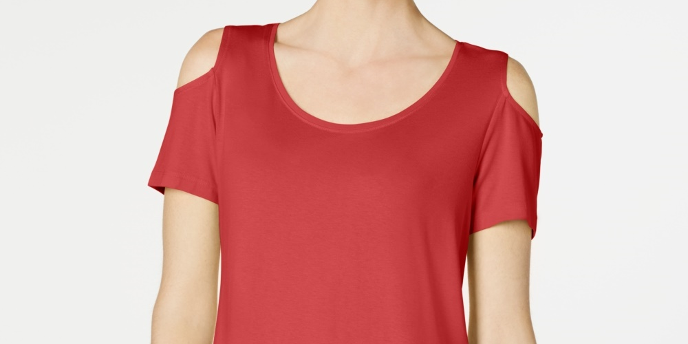 Camiseta feminina JM Collection com ombros descobertos e manga curta, vermelha, tamanho pequeno