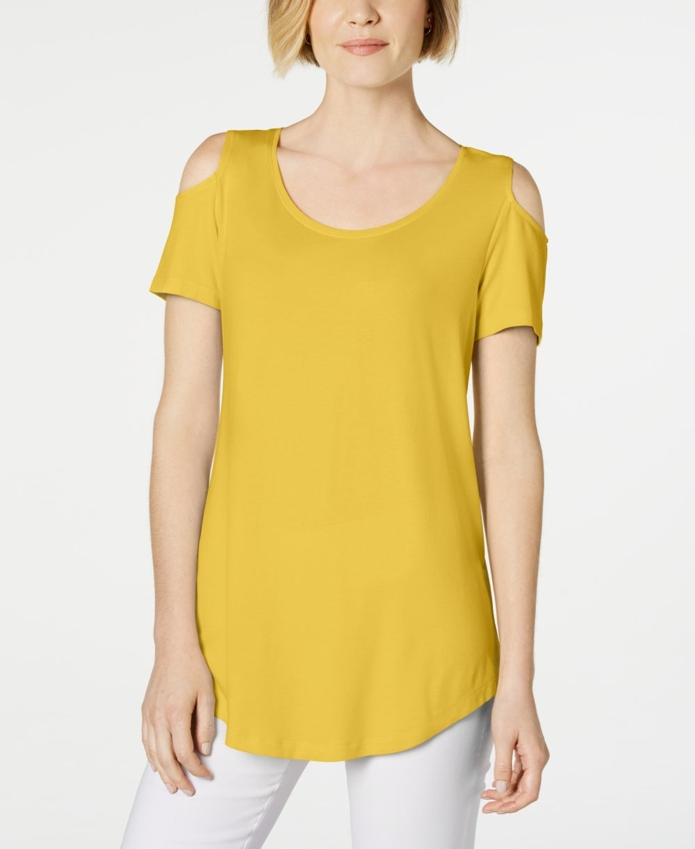 Camiseta feminina estilo ombro caído JM Collection, dourada, tamanho médio