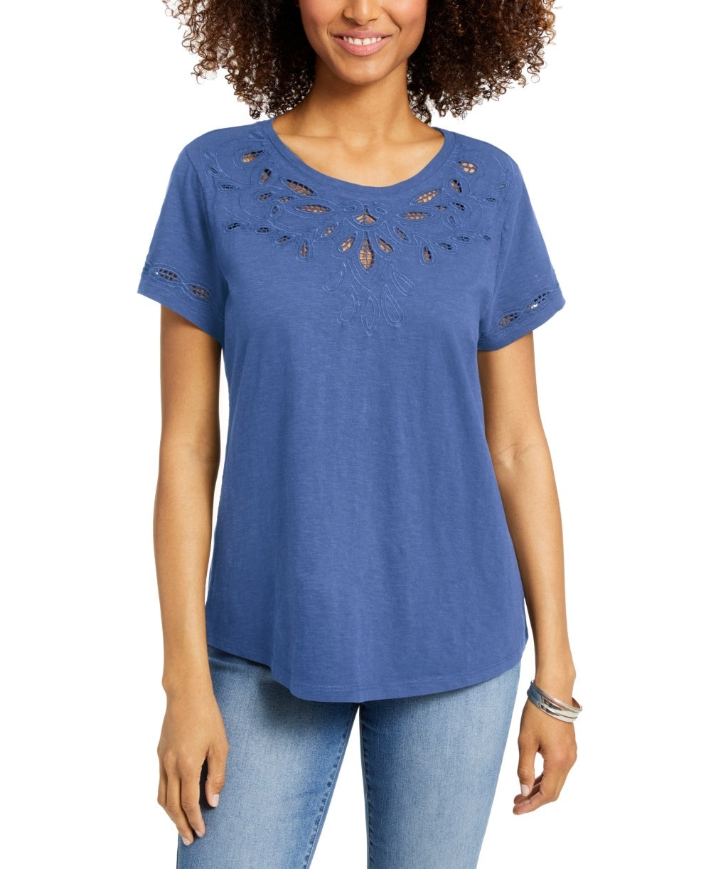 Camiseta feminina de algodão com recorte Charter Club, azul, tamanho médio
