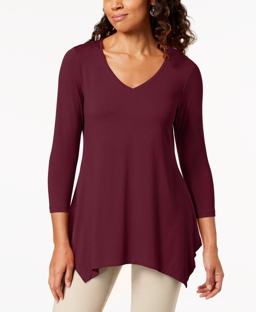 JM Collection Top feminino com decote em V e bainha em lenço, vermelho, tamanho pequeno