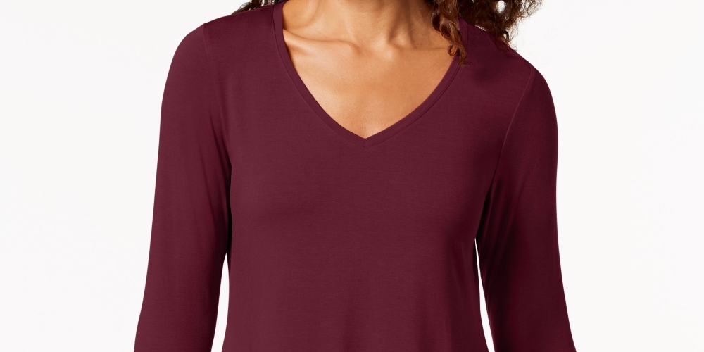 JM Collection Top feminino com decote em V e bainha em lenço, vermelho, tamanho pequeno