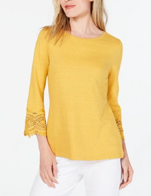 Top feminino de algodão com acabamento em renda Charter Club, dourado, tamanho XX-G