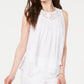 Top estilo swing feminino com acabamento em renda, branco, tamanho extrapequeno