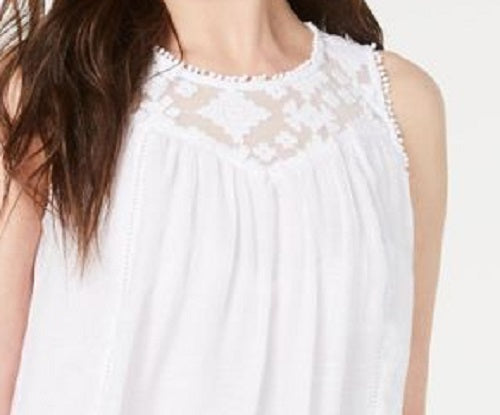 Top estilo swing feminino com acabamento em renda, branco, tamanho extrapequeno
