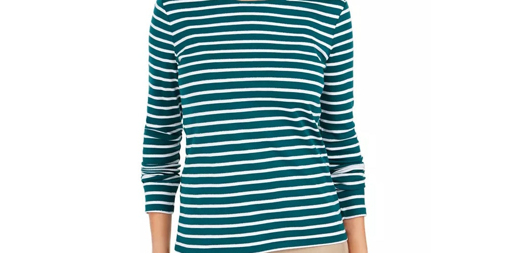 Charter Club Top feminino listrado metálico, branco, tamanho extragrande