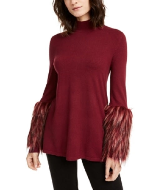 Suéter feminino Alfani com gola falsa e acabamento em pele sintética, vermelho escuro, tamanho pequeno