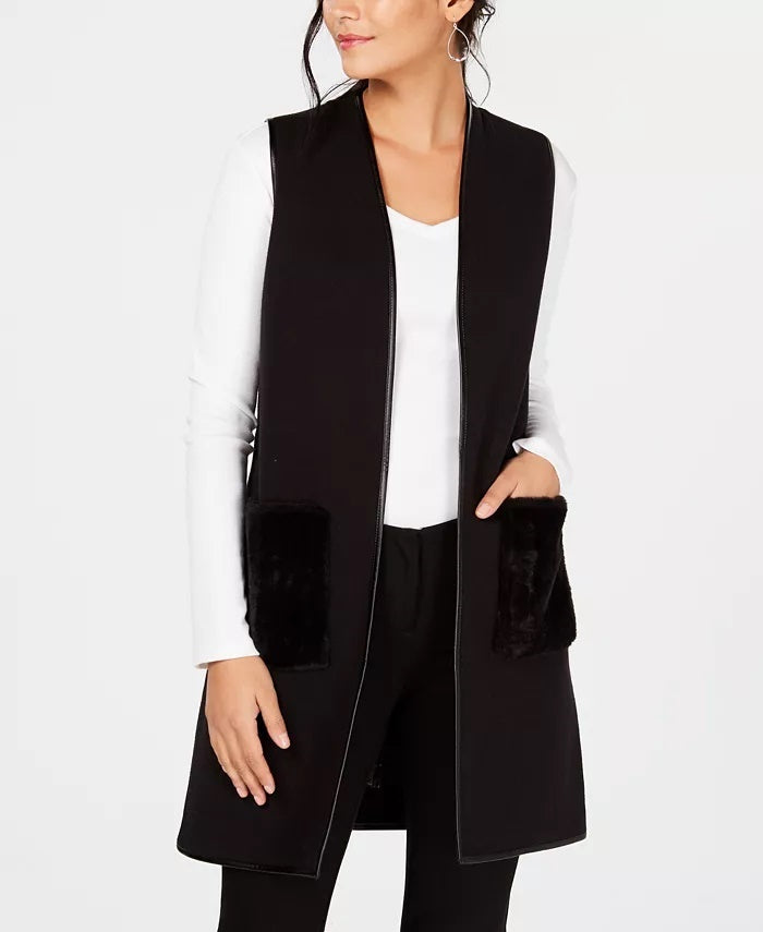 Colete feminino JM com bolso e pele sintética, preto, tamanho pequeno