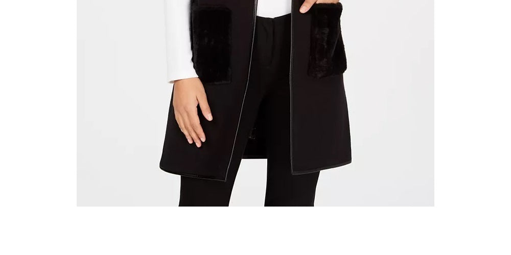 Colete feminino JM com bolso e pele sintética, preto, tamanho pequeno