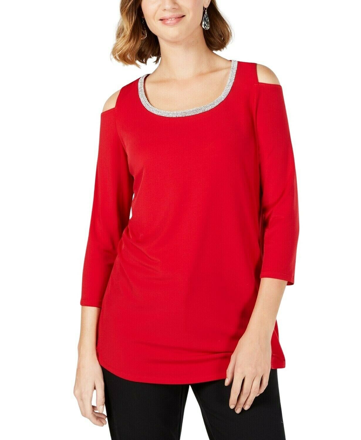 JM Collection Top feminino com decote profundo e ombros descobertos, vermelho, tamanho grande
