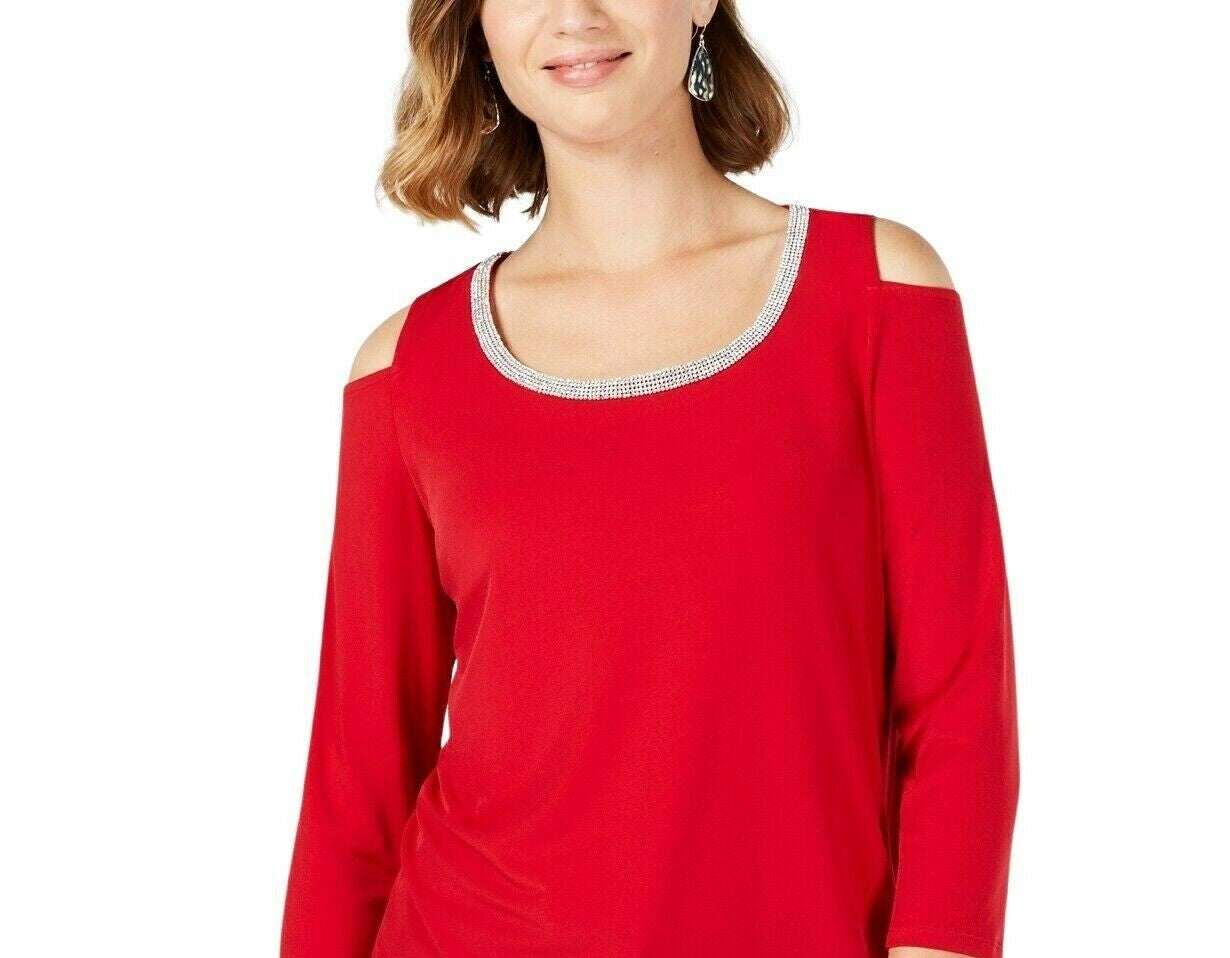 JM Collection Top feminino com decote profundo e ombros descobertos, vermelho, tamanho grande