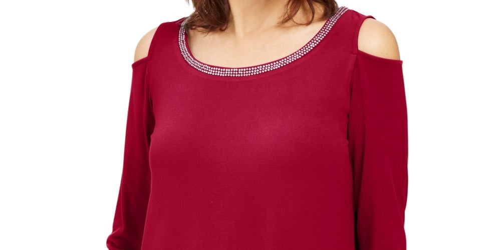 JM Collection Top feminino com ombros descobertos e detalhes em vermelho, tamanho extragrande