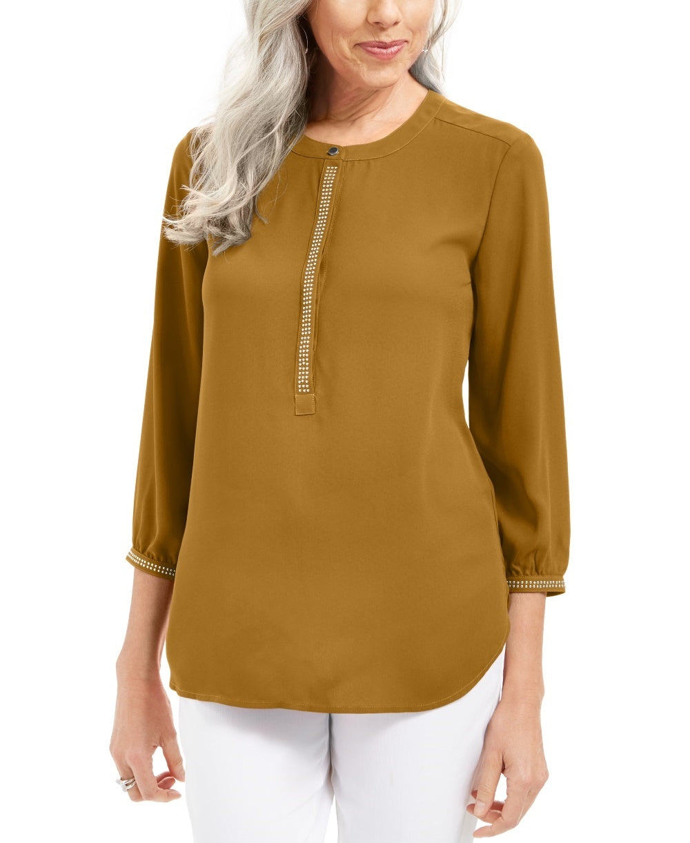 Blusa feminina plissada nas costas, tamanho grande, dourada, coleção JM