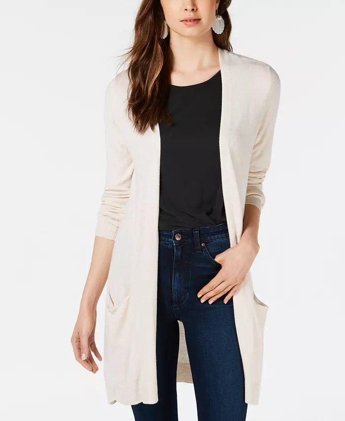 Cardigan feminino longo de malha com frente aberta Maison Jules, bege, tamanho XX-G