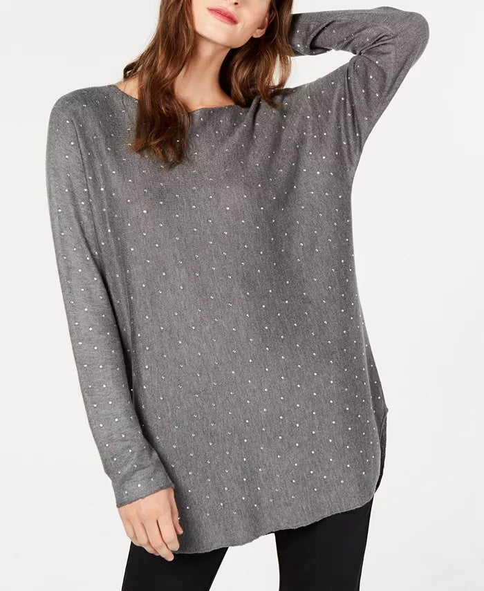 Suéter feminino com aba de camisa embelezada da INC International Concepts, cinza, tamanho X-S