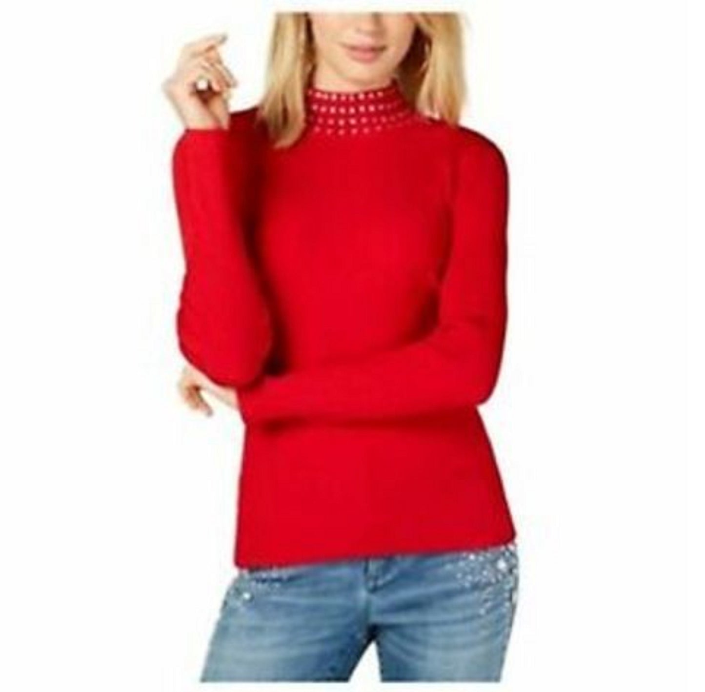 INC International Concepts Feminino Gola Alta em Malha Canelada Embelezada Vermelho Tamanho X-S