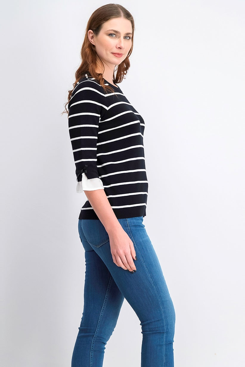 Suéter feminino listrado com acabamento em laço Maison Jules, preto, tamanho grande