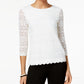 Top de renda feminino Charter Club com manga 3/4, branco, tamanho pequeno