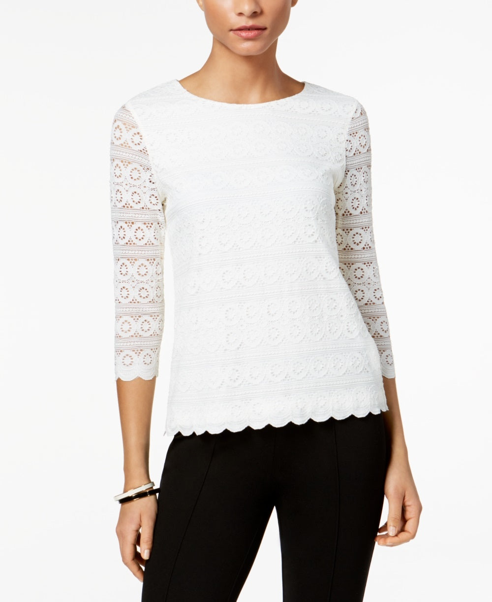 Top de renda feminino Charter Club com manga 3/4, branco, tamanho pequeno